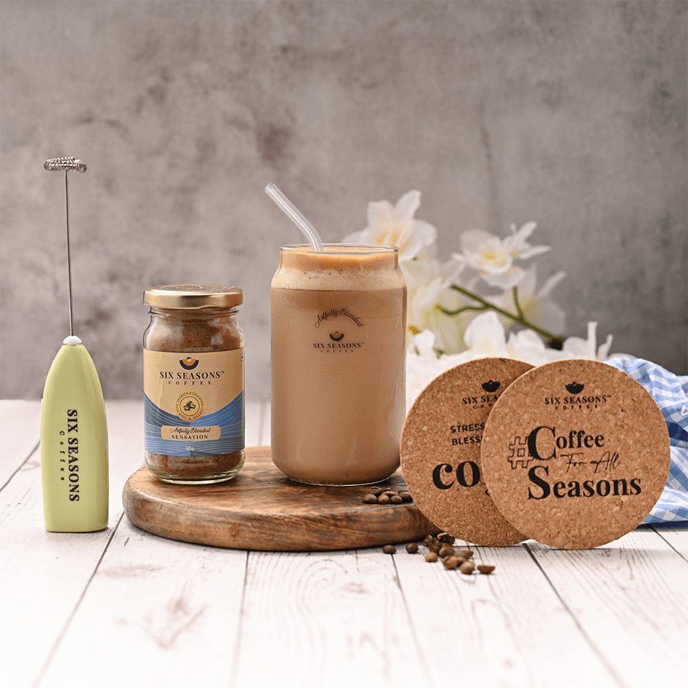 Cold Coffee Can Kit 50g Instant Coffee +Borosilicate Glass Can with Straw+Set of 2 coasters