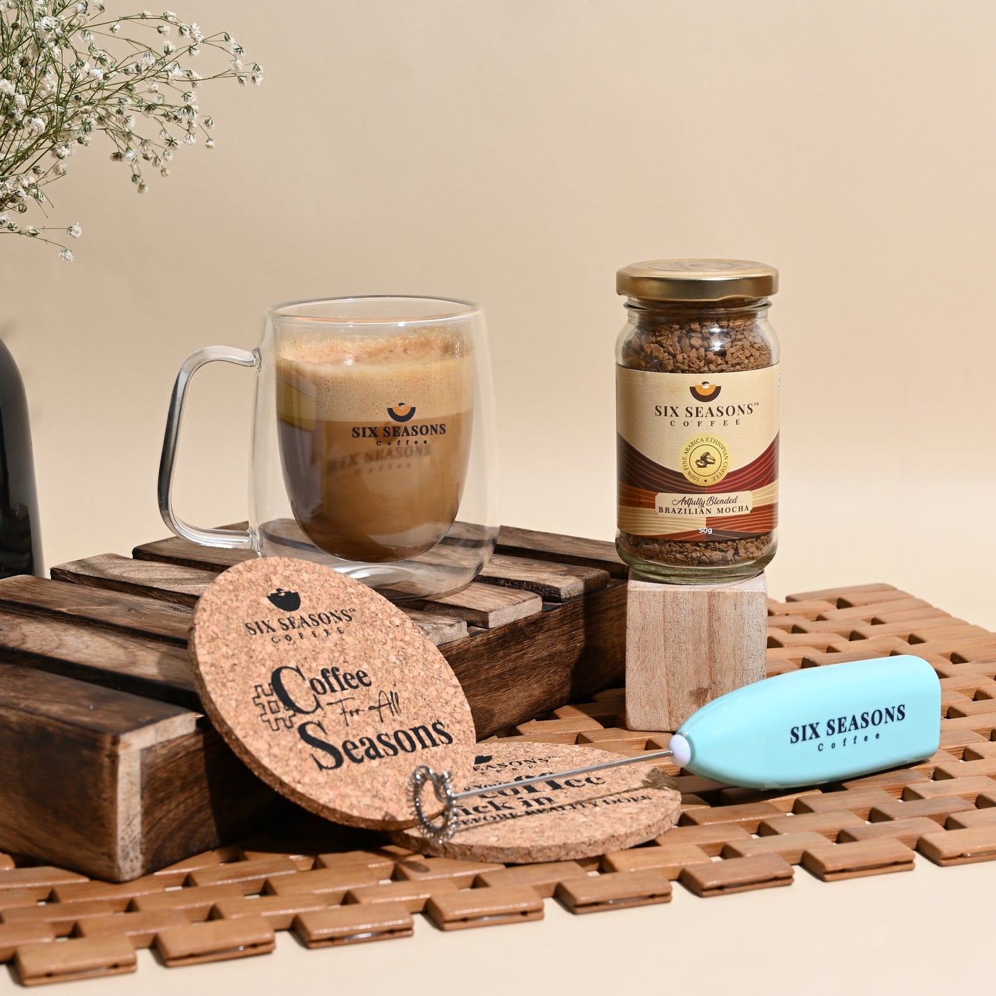 Millennial Coffee Kit  Double walled mug + 50g Instant Coffee + Set Of 2 Coasters )